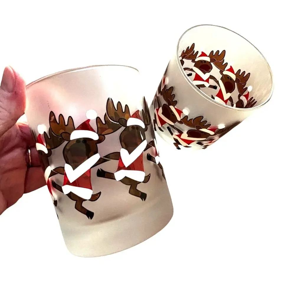 Vintage Culver Glass frosted Christmas Cocktail Glasses PAIR Dancing Santa Moose